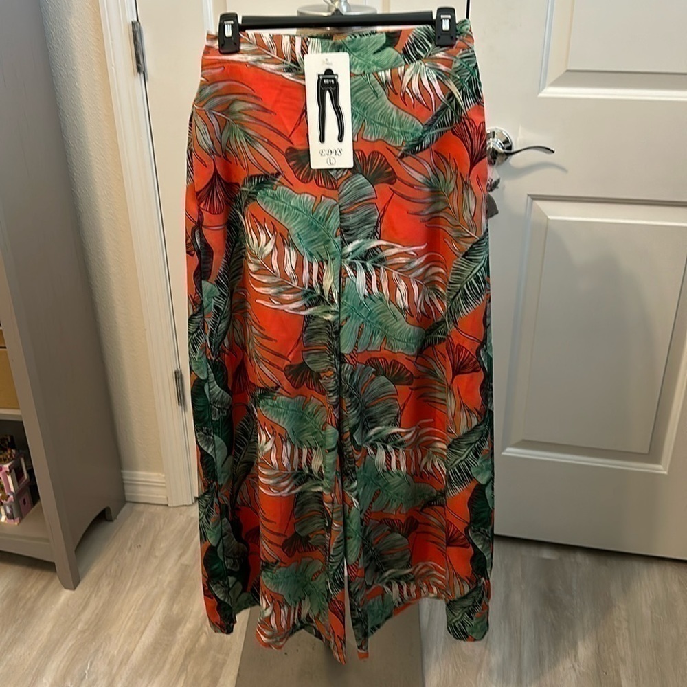 EDY’S PALM PRINT WIDE LEG PANTS SZ L CRUISE BEACH SUMMER EVERYDAY DATE NIGHT